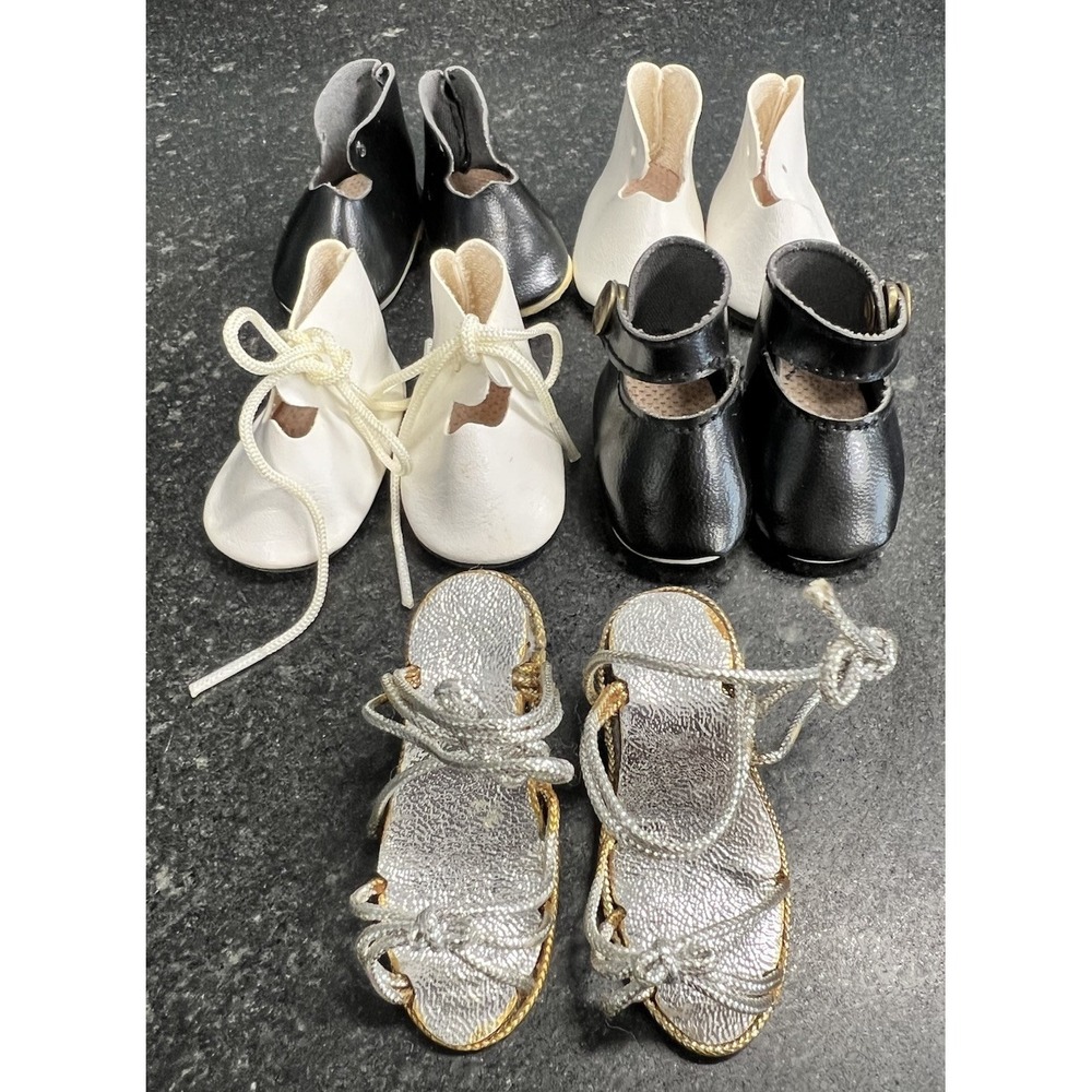 Lot 5 Pairs Vtg Doll Shoes Leather Boots Black White + Silver Sandals 8–12" Doll
